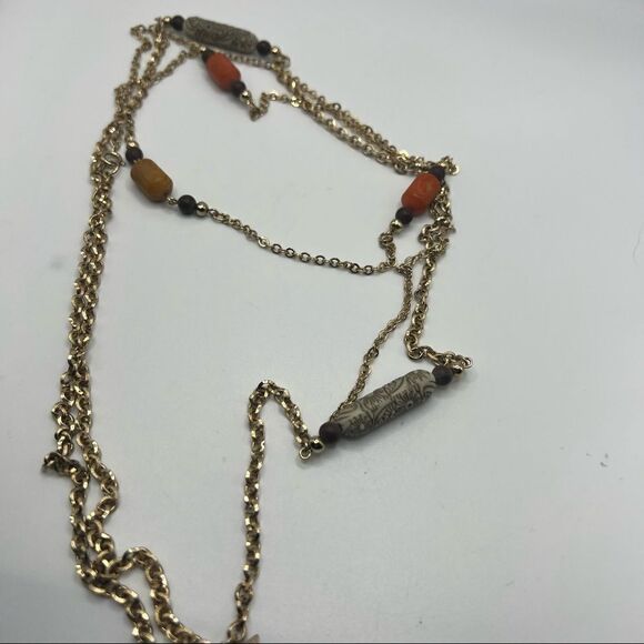 Sarah Coventry Gold Extra Long Chain Link Necklace With Clay & Wood Bead Accents - Picture 5 of 5